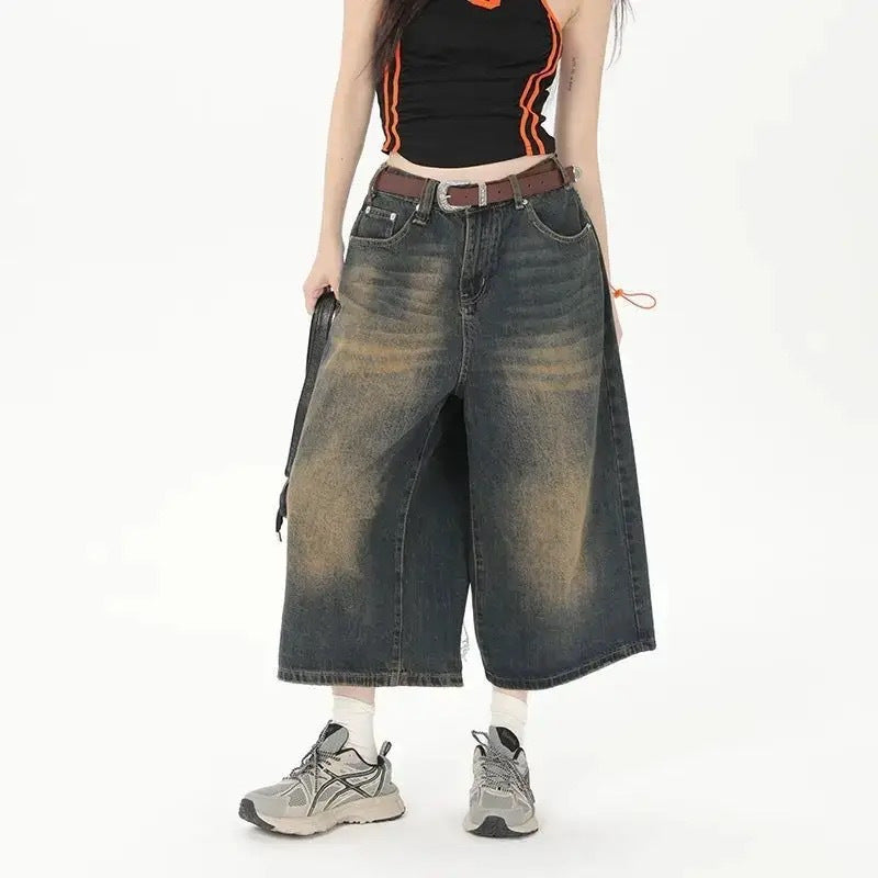 Women's wide-leg cropped jeans 2024 Summer new retro washed distressed straight-leg denim Denim middle pants American high street