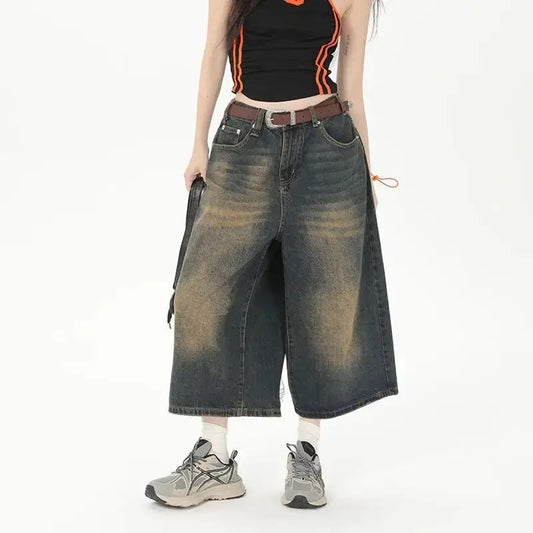 Women's wide-leg cropped jeans 2024 Summer new retro washed distressed straight-leg denim Denim middle pants American high street