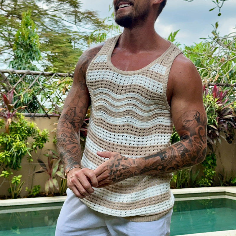 2026 spring/summer Europe and America cross border new men's knitted sleeveless round neck multicolor casual woolen vest men's top