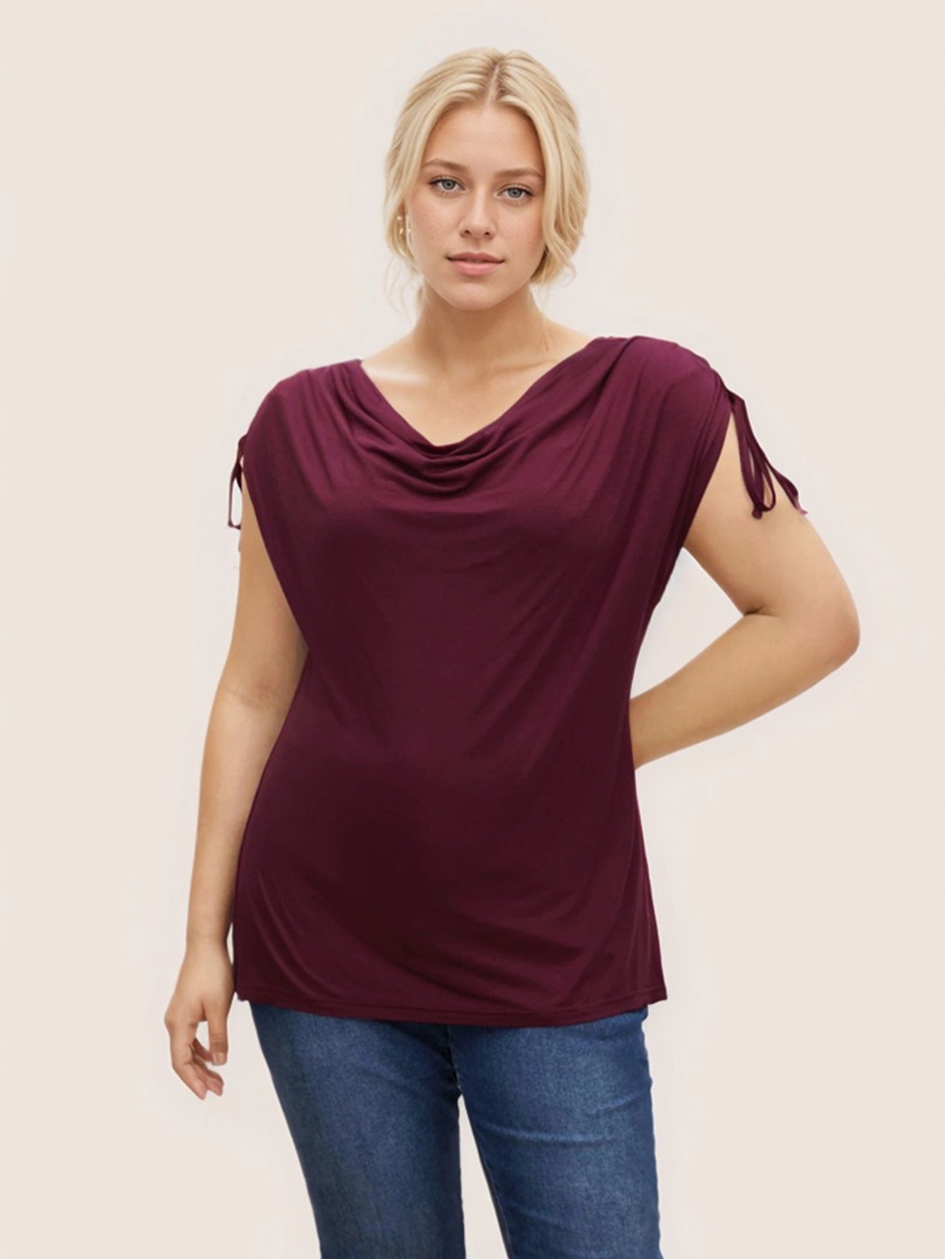 2026 cross-border temu hot sale large size women's clothing adult lady like woman elegant T-shirt spring and summer new wine red peplum top