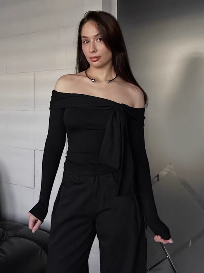 Design off-shoulder knitted bottoming T-shirt for women 2026 spring cross-border commuter long sleeves inner wear bottoming shirt women's clothing