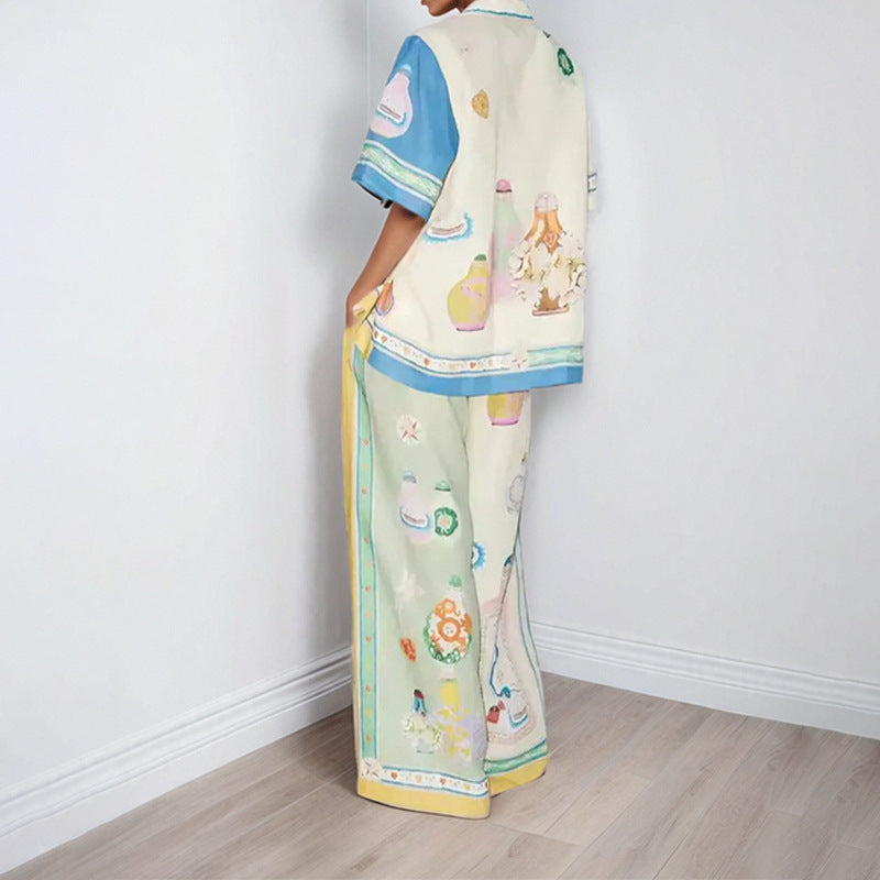 2026 spring new cross-border European and American commuters' casual all-matching printed lapel patchwork wide-leg pants fashion suit women