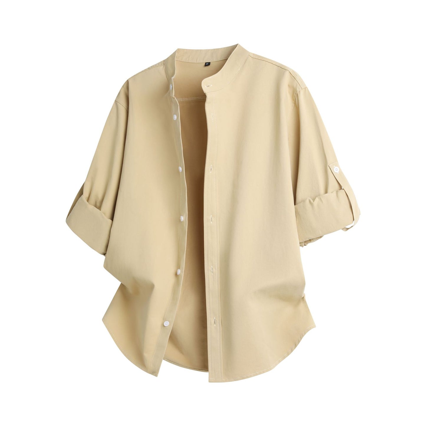 Cross-border 2026 spring and autumn stand collar long-sleeved shirt solid color commute fashion brand rolled sleeves shirt coat men's loose top