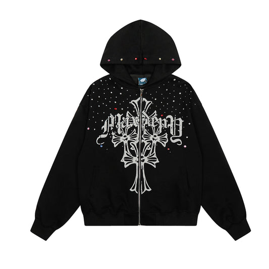 Shop Jiayiku 2026 American Rhinestone Hoodie at USAve Merchandise. Personality cross design zipper sweater. Free shipping over $50!