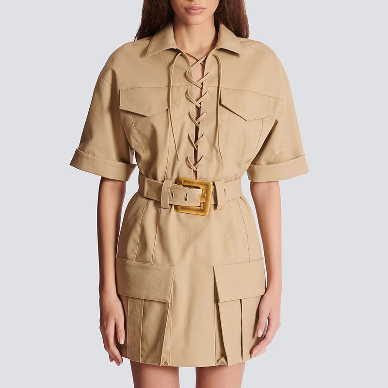 Leisure Cargo style shirt dress 2026 spring new chest strap matching metallic belt solid color short dress