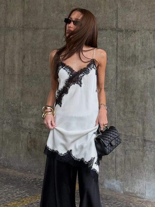 2026 spring cross-border new arrival pure desire style contrast color lace stitching irregular skirt beauty back sling dress for women