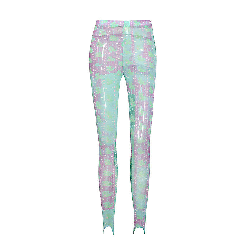 European and American personalized trendy tight pants 2026 spring new abstract pattern elastic mesh stirrup leggings women