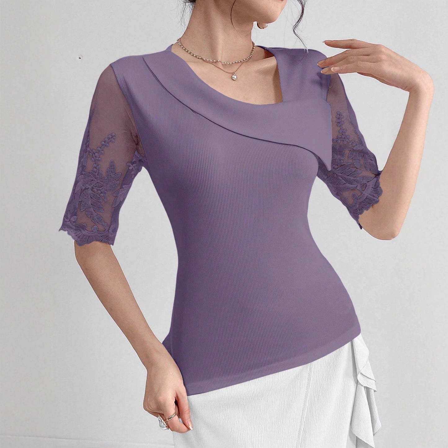 2026 new cross-border European and American ladies fashion elegant asymmetric neckline mesh patchwork short sleeve fashion T-shirt
