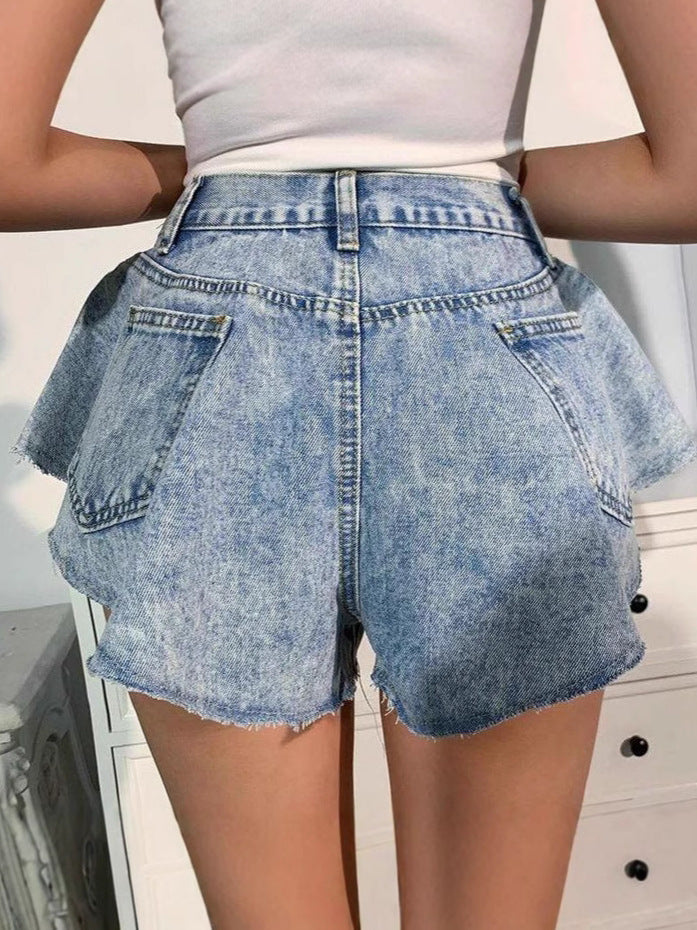 European and American hot girl high waist figure flattering shorts 2026 spring new ultra short loose lotus leaf hem large wide leg jeans