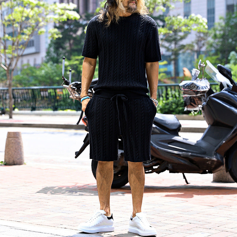Cross-border European and American 2026 spring and summer new men's round neck knitted short-sleeved shirt loose shorts men's suit
