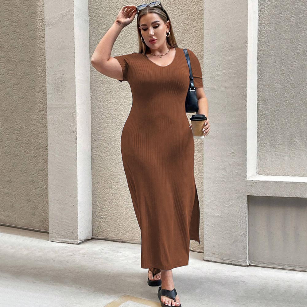 Cross-border European and American plus size women's clothes 2026 new shein temperament waist-controlled split short sleeve dress sheath dress