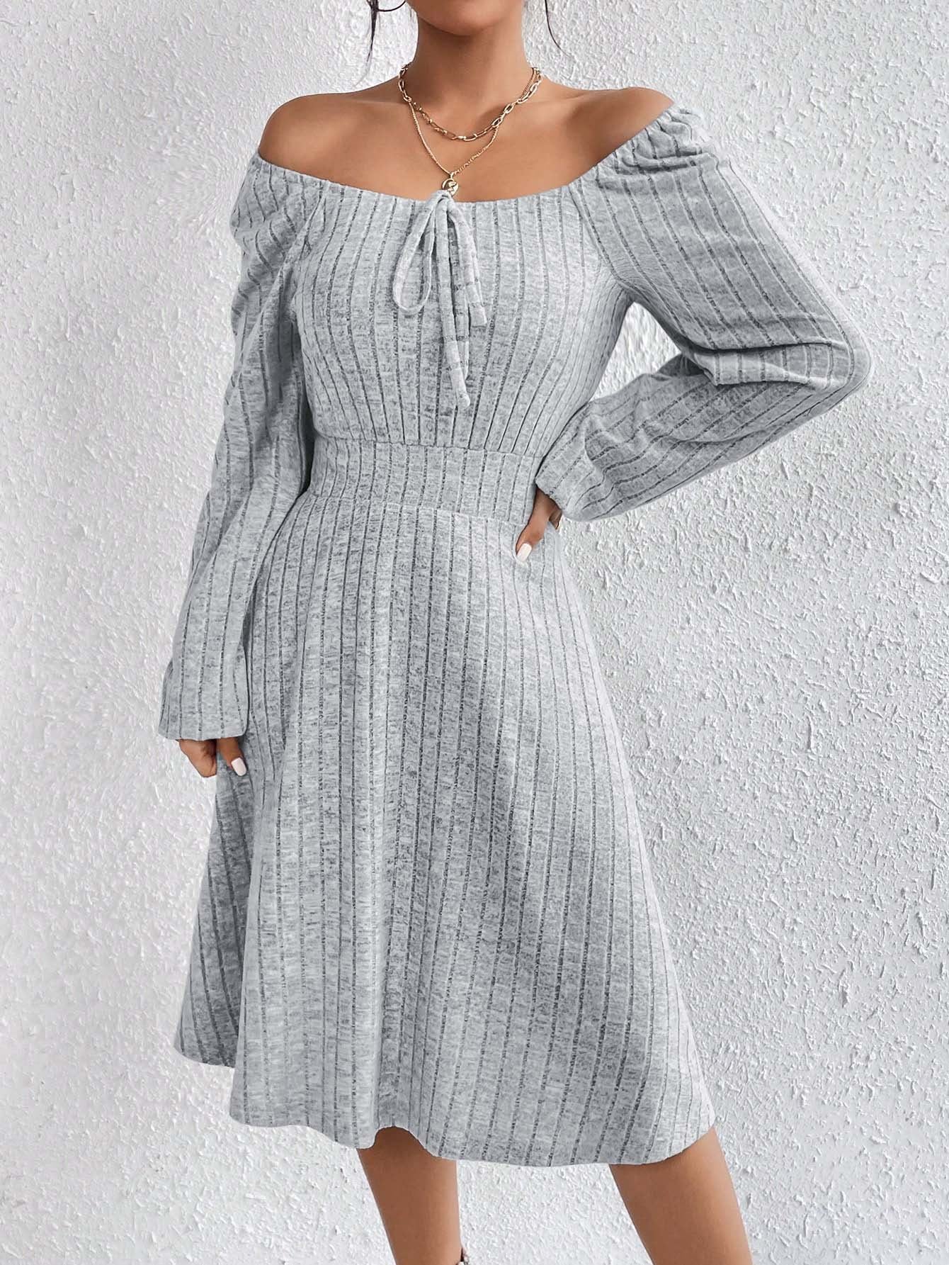 2026 autumn and winter Amazon cross-border women's clothing European and American square-neck cinched large skirt hot sale sunken stripe long sleeve dress