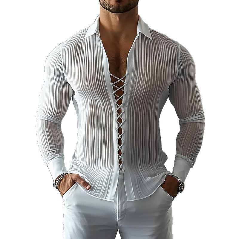 2026 autumn and winter New European and American men's lapel strap design shirt hollow out abstinence style texture men's shirt