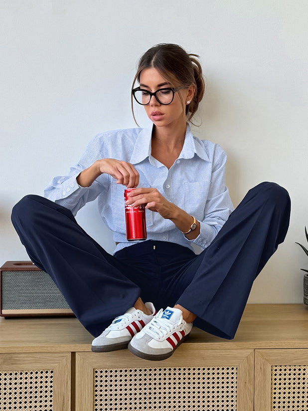 American design blue plaid suit women's 2026 spring cross-border short shirt navy blue suit pants two-piece set