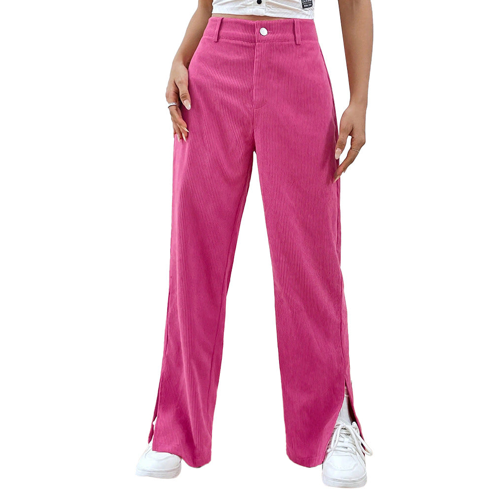 2026 Europe and America cross border corduroy casual straight pants bottom slit fashionable women's fashion clothing winter casual trousers