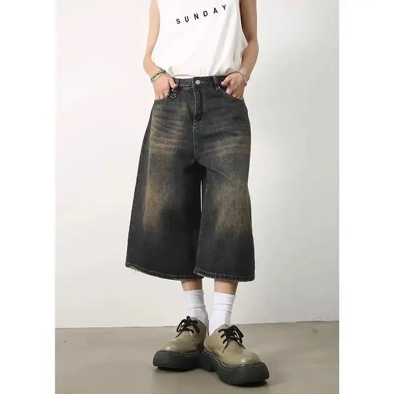 Women's wide-leg cropped jeans 2024 Summer new retro washed distressed straight-leg denim Denim middle pants American high street
