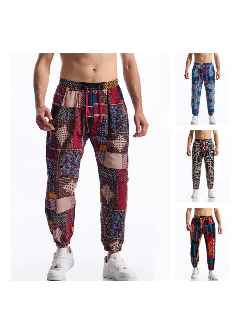 2026 cross-border Amazon new men's loose cotton and linen floral print casual jumpsuit plus size fashion exercise ankle-tied trousers