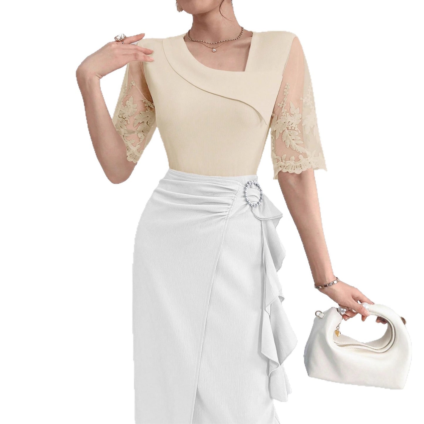 2026 new cross-border European and American ladies fashion elegant asymmetric neckline mesh patchwork short sleeve fashion T-shirt
