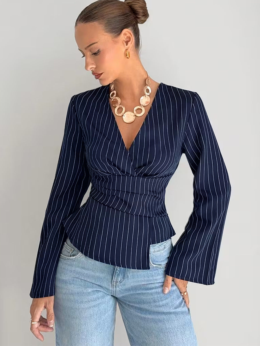 Cross-border European and American women's clothing fashion striped v-neck shirt long sleeve 2026 Amazon foreign trade cinched blouse pullover
