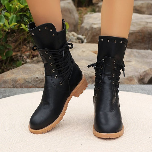Cross-border large size boots women's autumn and winter new motorcycle boots European and American style lace-up retro style rivet Knight boots women