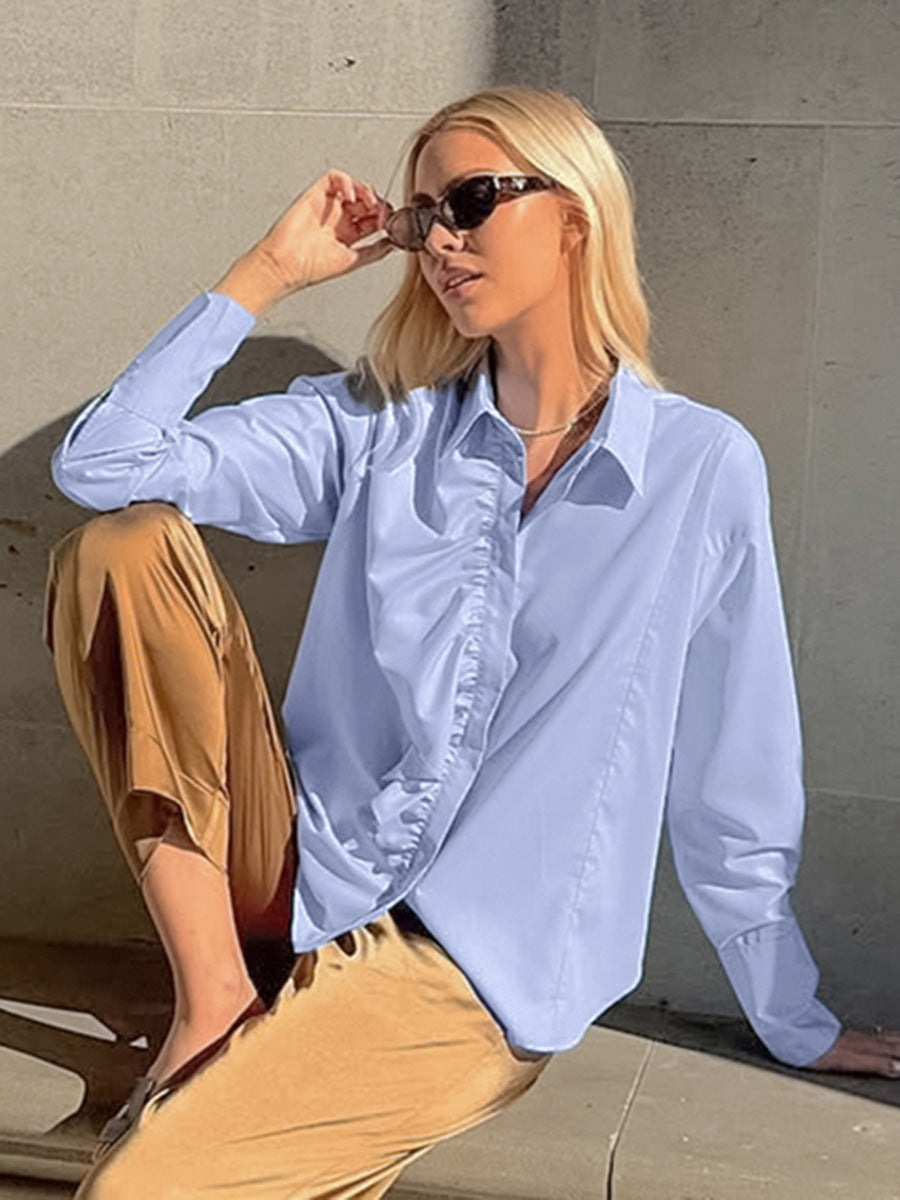 Commuter workplace blue ruffle blouse women's 2026 spring fashion workplace inner lapel women's shirt wholesale