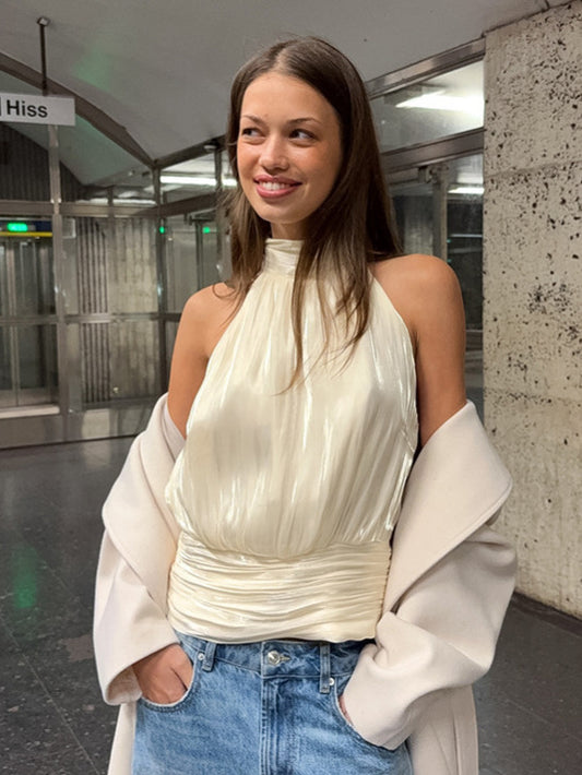 Spring 2026 cross-border new arrival gold and silver silk halter waist-tight vest women's sexy off-shoulder irregular temperament top