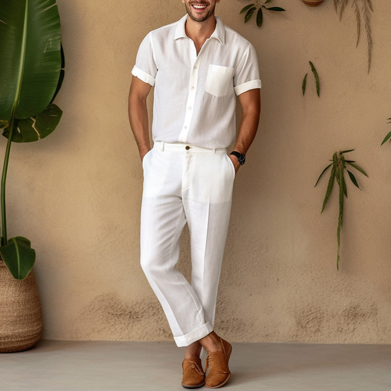 2026 cross-border European and American style men's clothing linen summer lapels short-sleeved solid color shirt and trousers two-piece casual suit