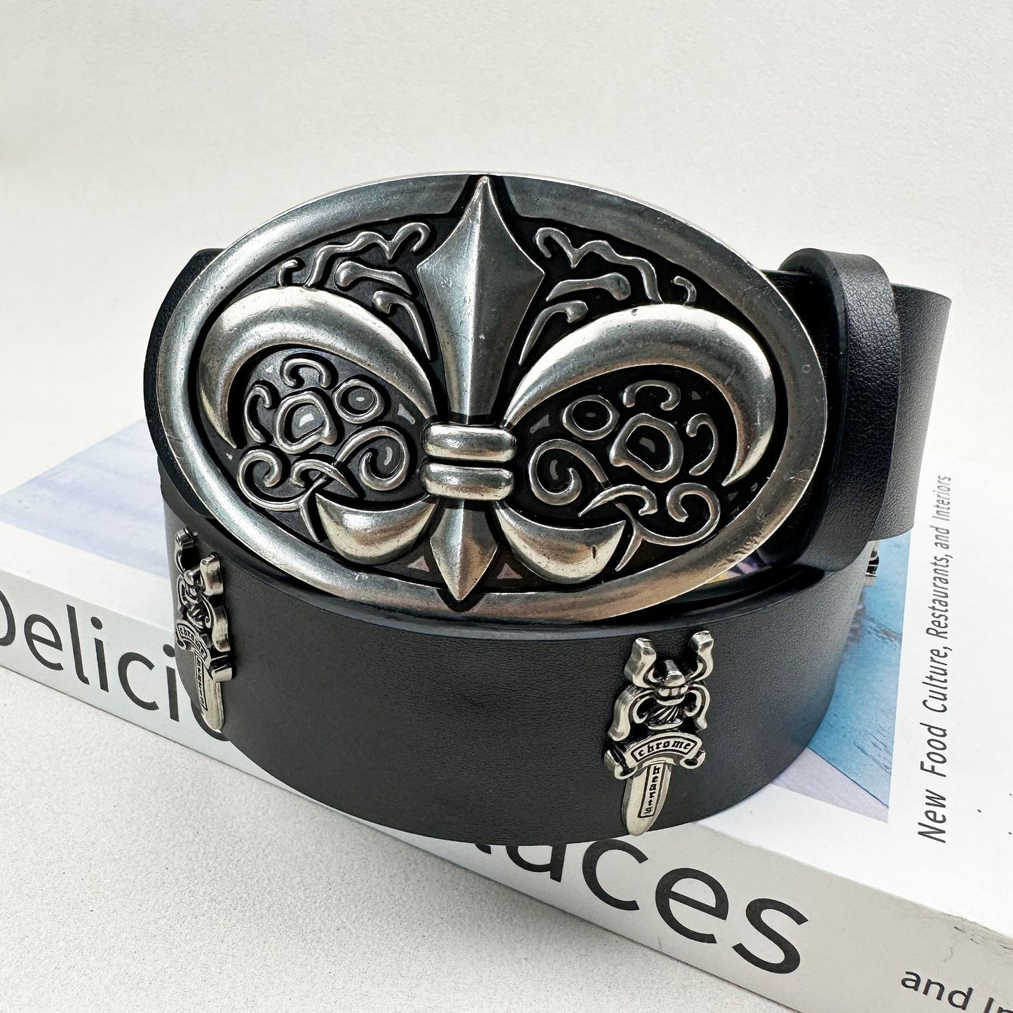 Sword cross belt croch classic Vine star style men's rivet embossed pant belt vintage belt women