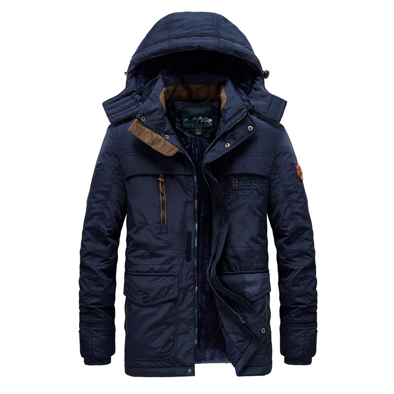 2026 winter men's velvet cotton clothes mid-length hooded cotton-padded coat trendy men's casual men's thickened large size coat