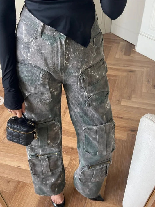 American style personality jeans 2026 spring new multi-pocket design camouflage wash low waist straight cargo pants women