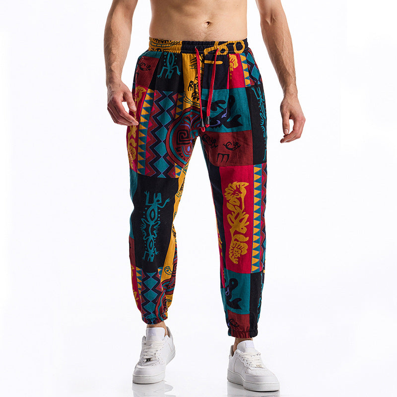 2026 cross-border Amazon new men's loose cotton and linen floral print casual jumpsuit plus size fashion exercise ankle-tied trousers