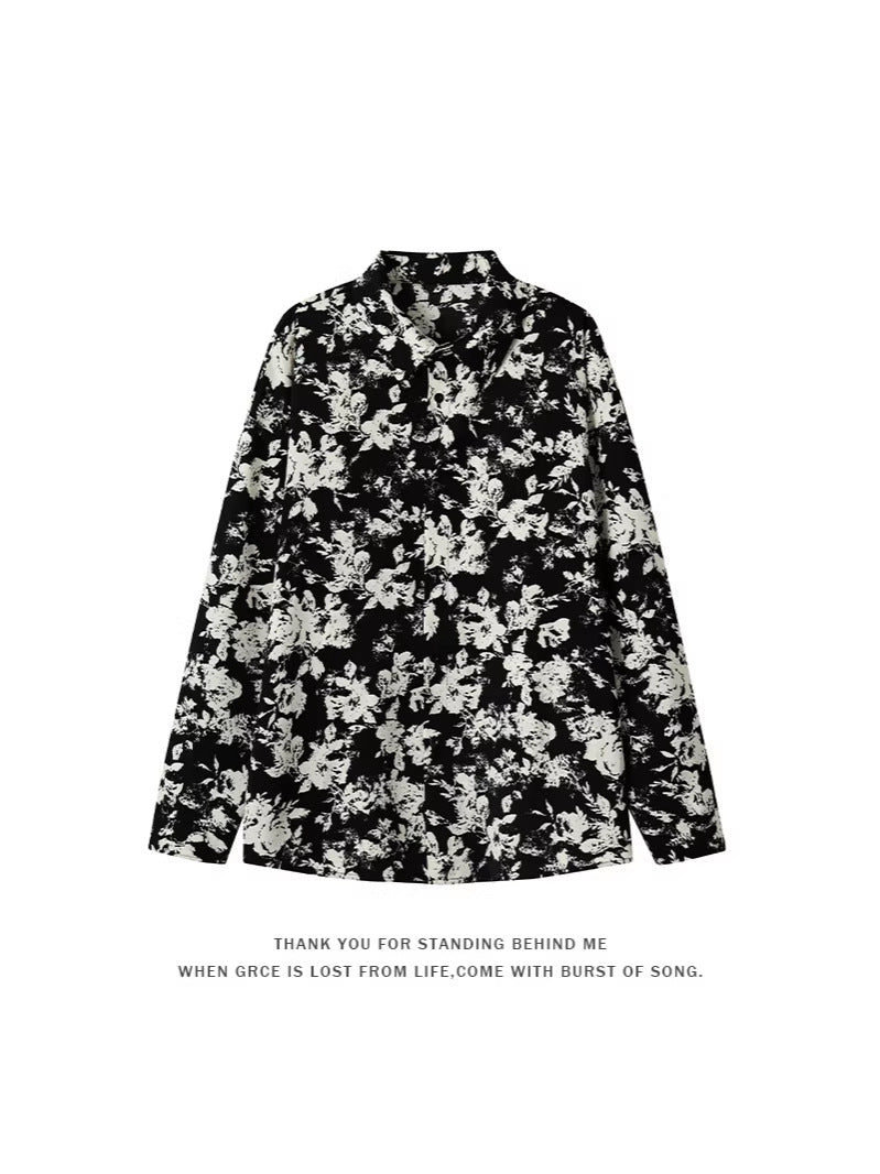 2026 spring Hong Kong style new men's Pu Shuai ice silk printed long-sleeved shirt large size fashion casual beach shirt