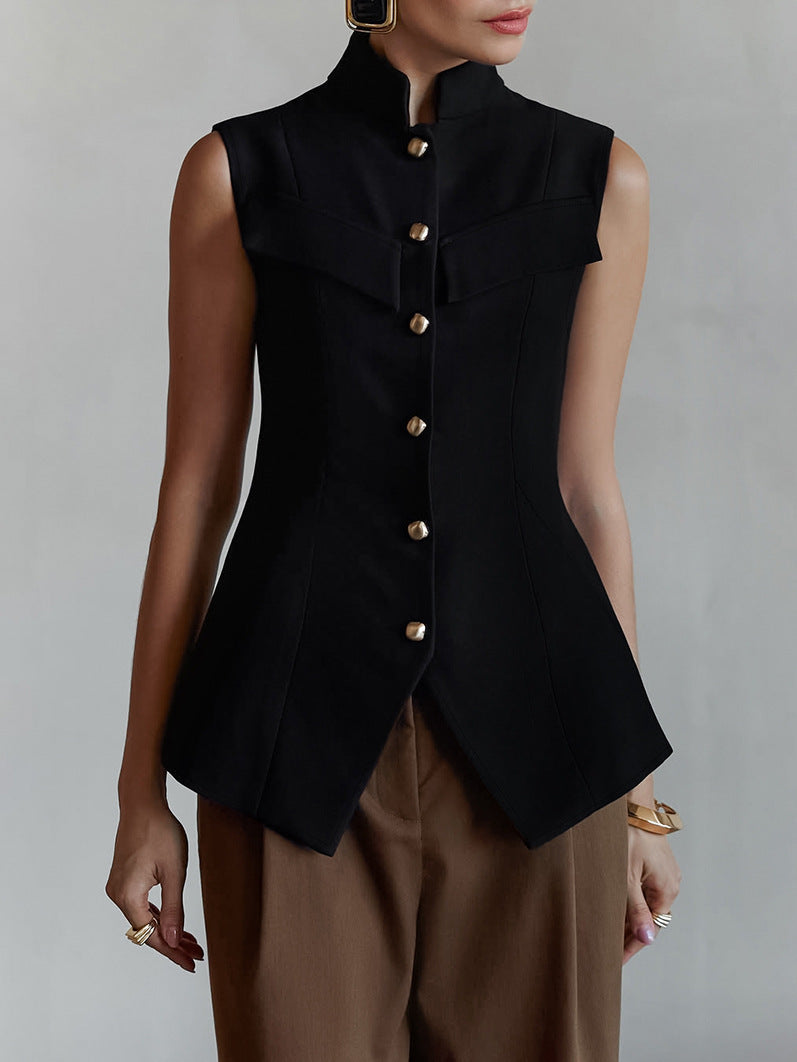 Europe and America cross border women's clothing 2026 spring and summer new stand collar breasted sleeveless waist split temperament top vest vest