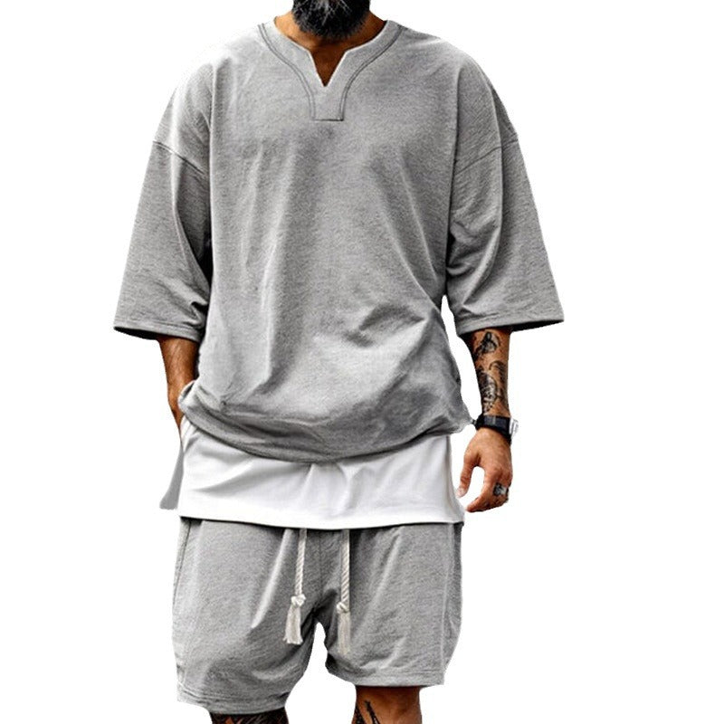 Europe and America cross border 2026 new hot sale casual men's suit loose V-neck short sleeve shorts trendy men's clothing suit