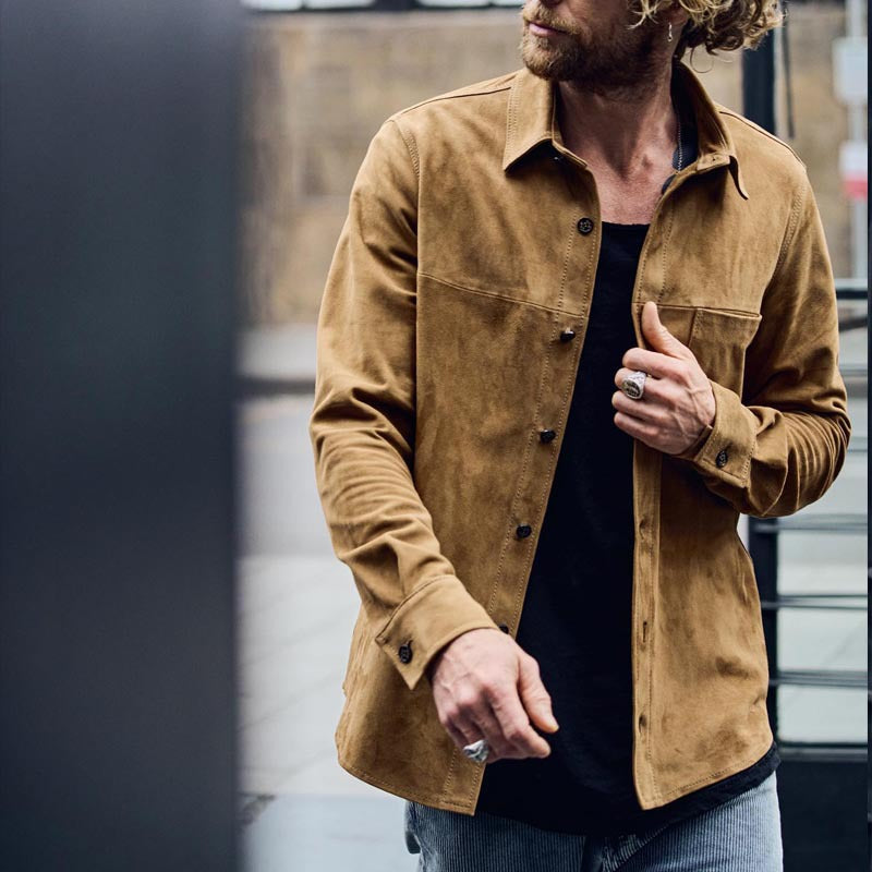 2026 European and American Amazon autumn and winter new men's retro long-sleeved shirt lapel button casual loose shirt