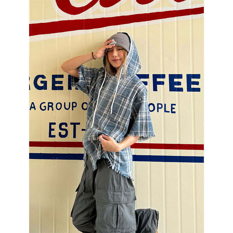 American style retro plaid hooded short-sleeved shirt women's summer New loose Street niche frayed edge coat top fashion