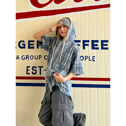 American style retro plaid hooded short-sleeved shirt women's summer New loose Street niche frayed edge coat top fashion