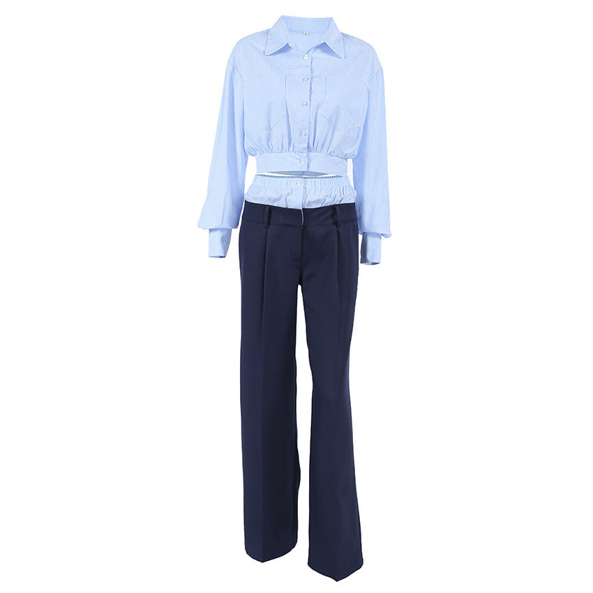 American design blue plaid suit women's 2026 spring cross-border short shirt navy blue suit pants two-piece set