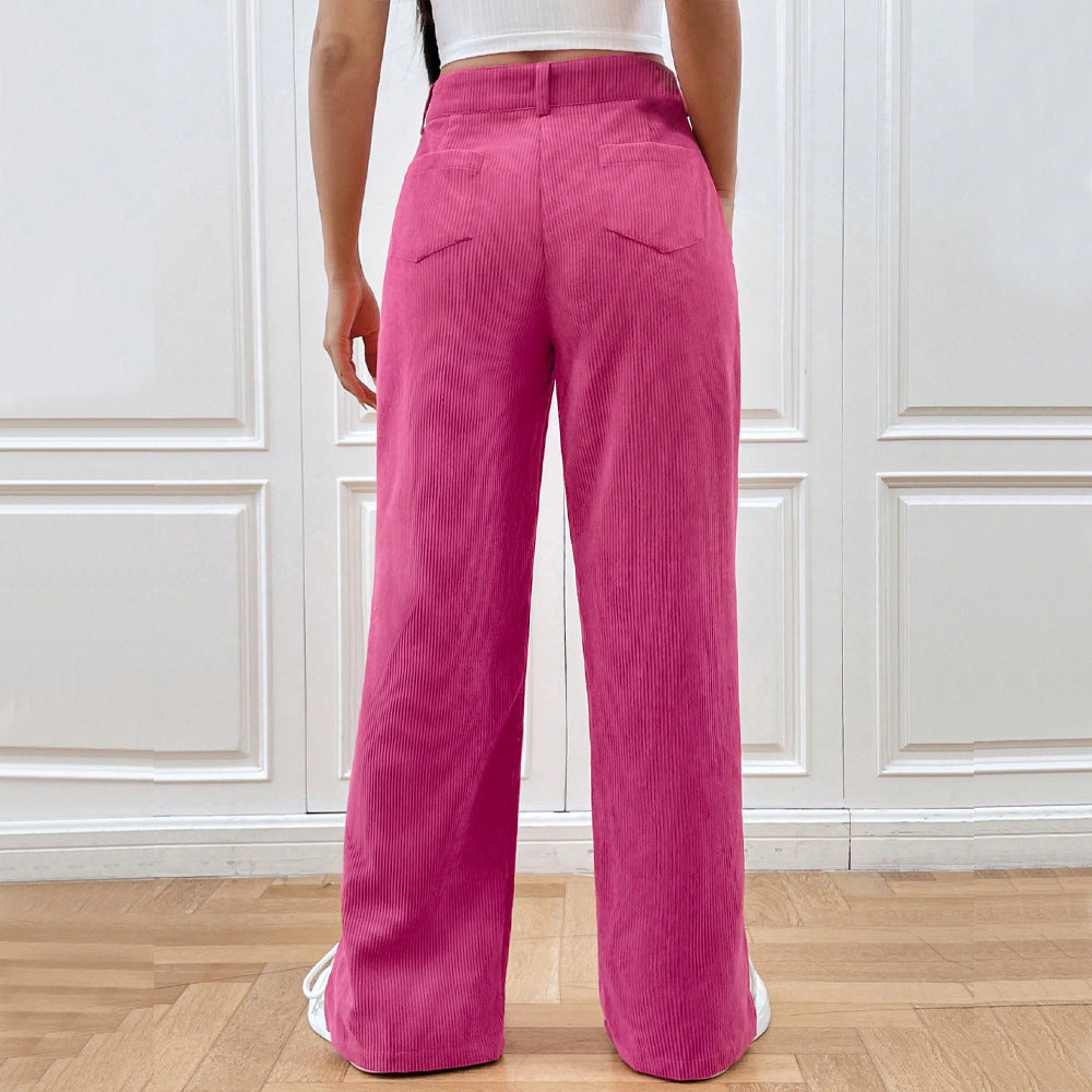 2026 Europe and America cross border corduroy casual straight pants bottom slit fashionable women's fashion clothing winter casual trousers
