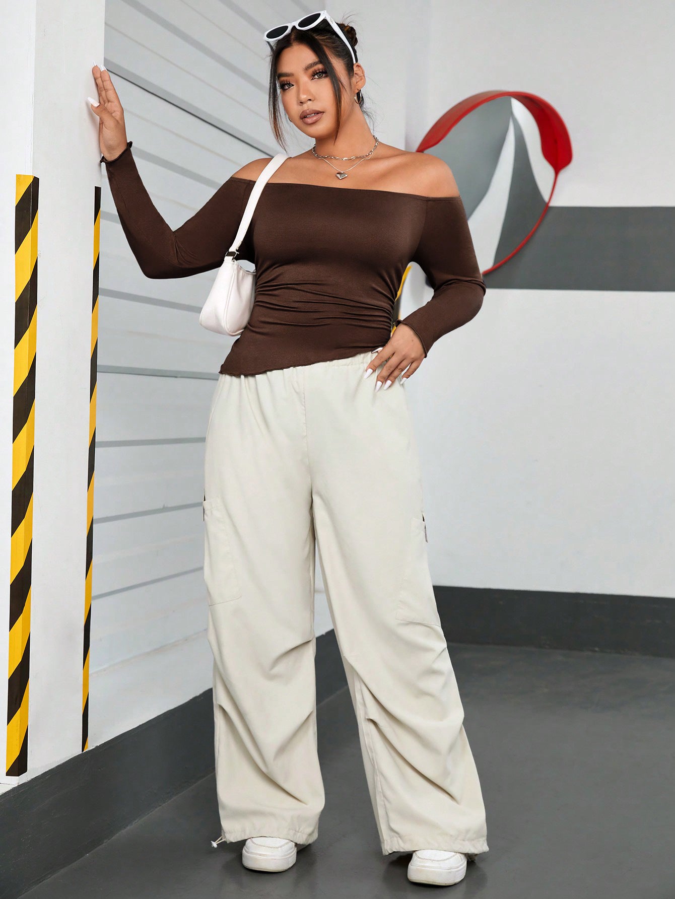 Cross-border European and American plus size women's clothes 2026 autumn and winter Brown off-shoulder long sleeve T-shirt sexy solid color top