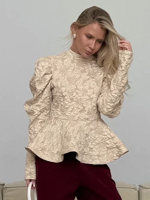 European and American autumn and winter French style vintage court style stand collar puff sleeve waist slimming convex Jacquard commuter's all-matching top for women