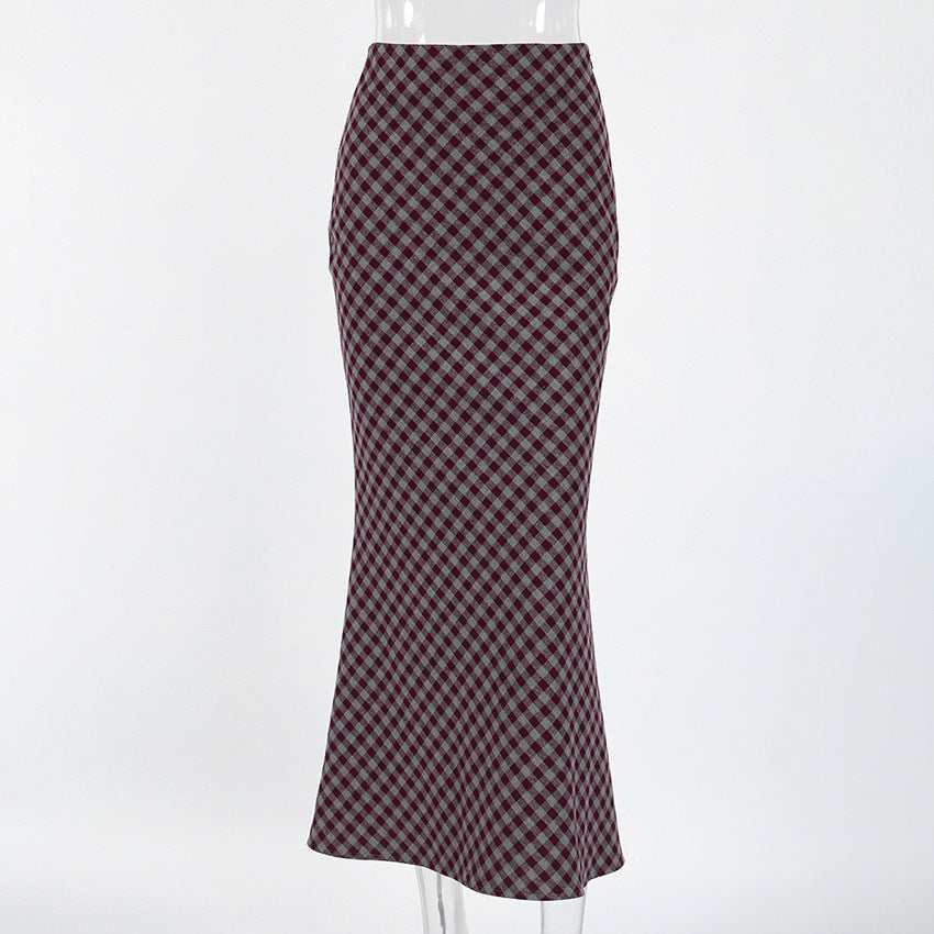 French style retro plaid skirt women's 2026 spring elegant drooping slimming high waist mid-length hip skirt women's clothing