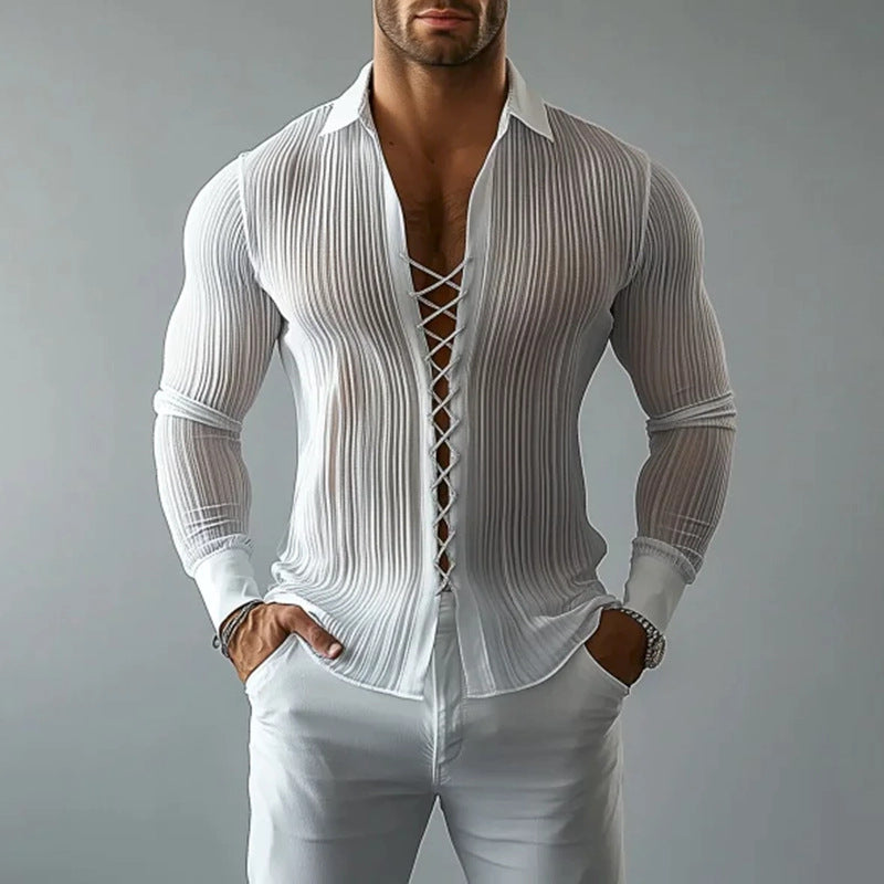 2026 autumn and winter New European and American men's lapel strap design shirt hollow out abstinence style texture men's shirt