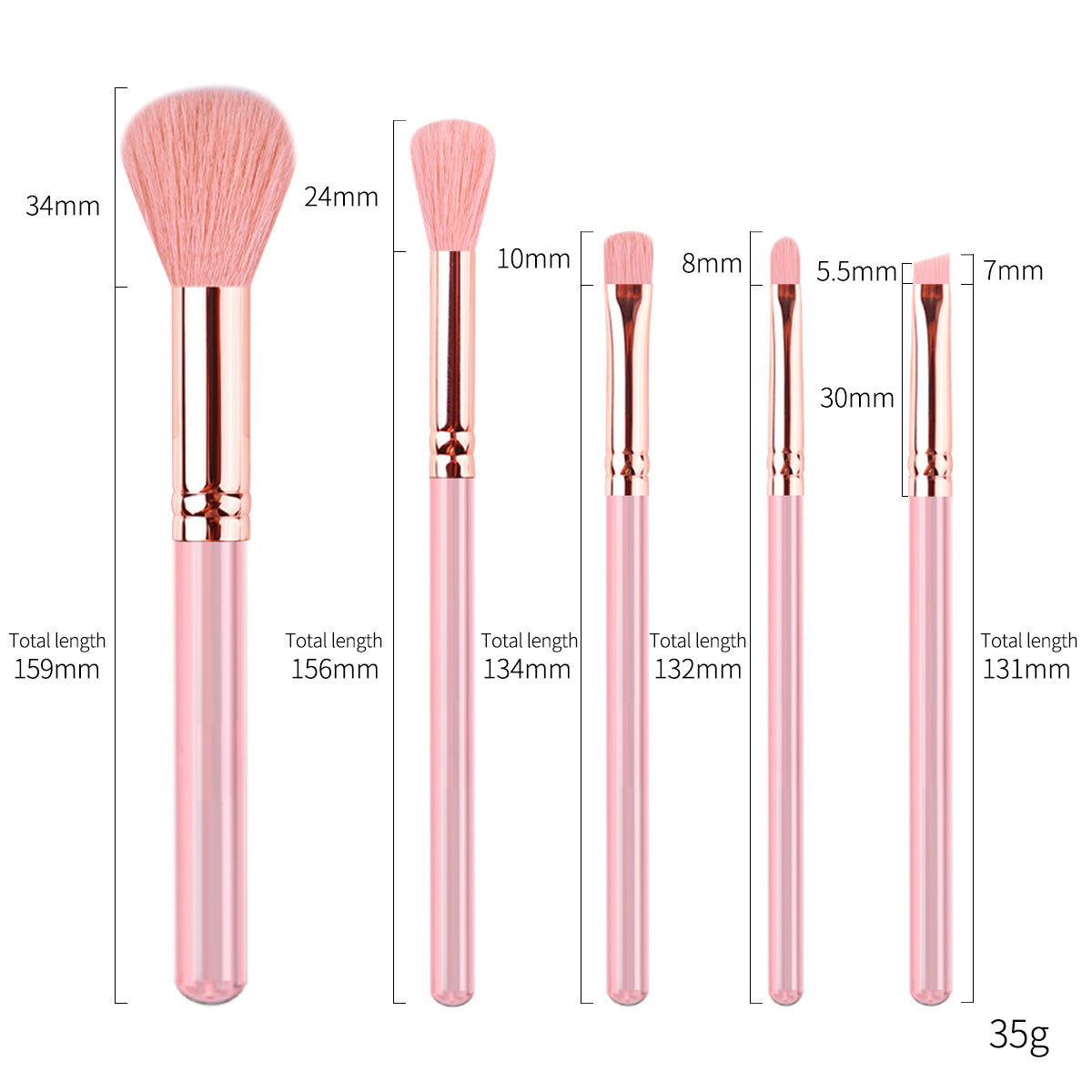 Z'oreya cross-border new portable pink transparent handle beauty tools 5 PCs eyeshadow brush brush suit wholesale
