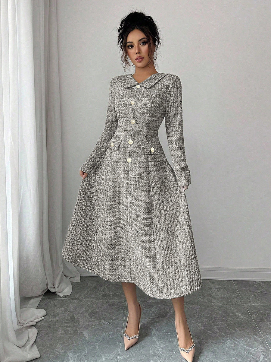 2026 new cross-border Amazon ebay European and American elegant dress foreign trade long sleeve lapel A- line dress mid-length