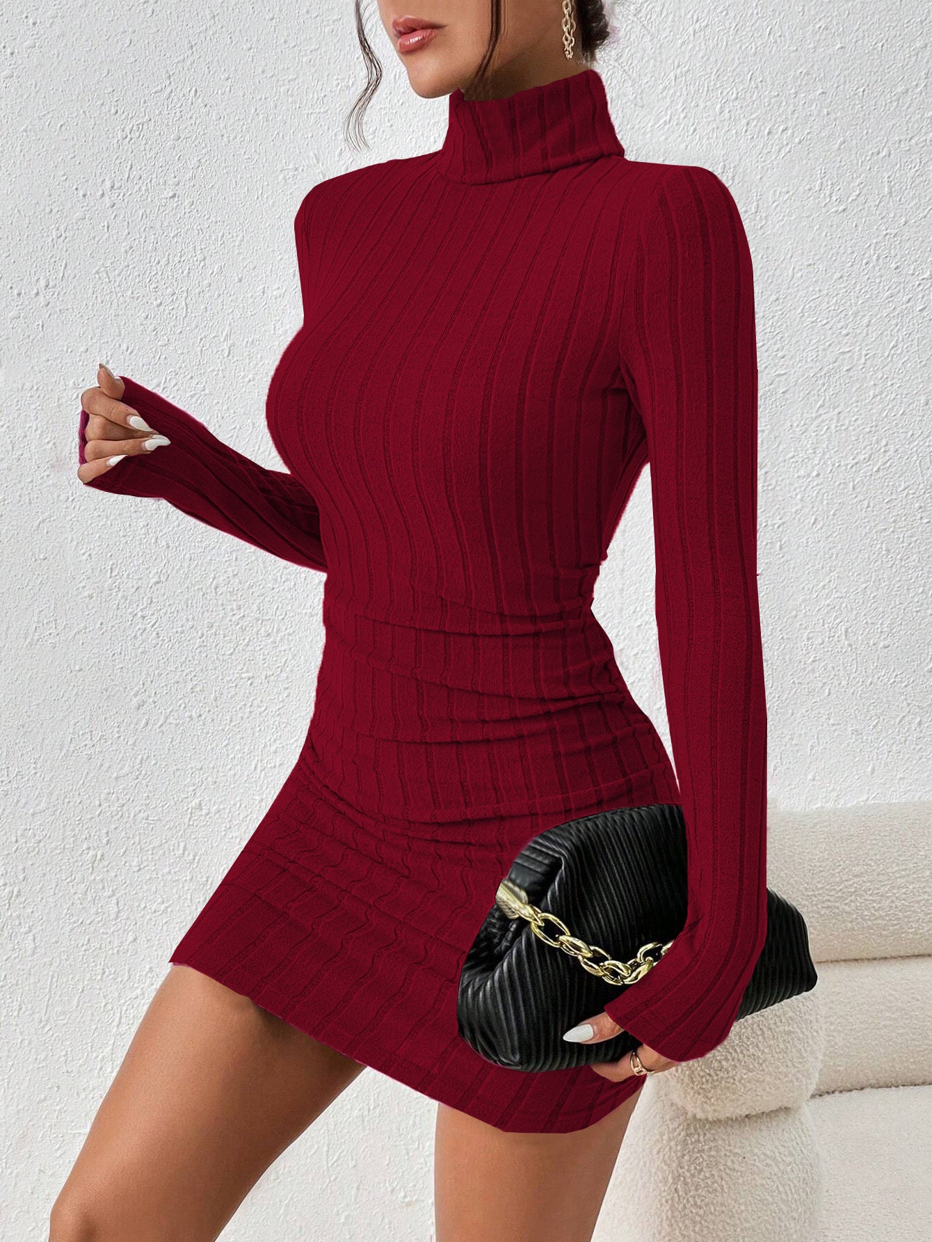 2026 Amazon cross-border women's clothing European and American adult lady like woman style wine red dress autumn and winter simplicity high-necked all-matching short skirt