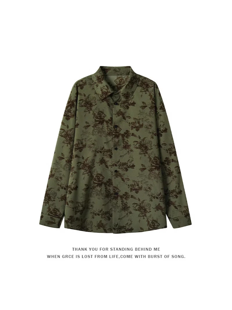 2026 spring Hong Kong style new men's Pu Shuai ice silk printed long-sleeved shirt large size fashion casual beach shirt