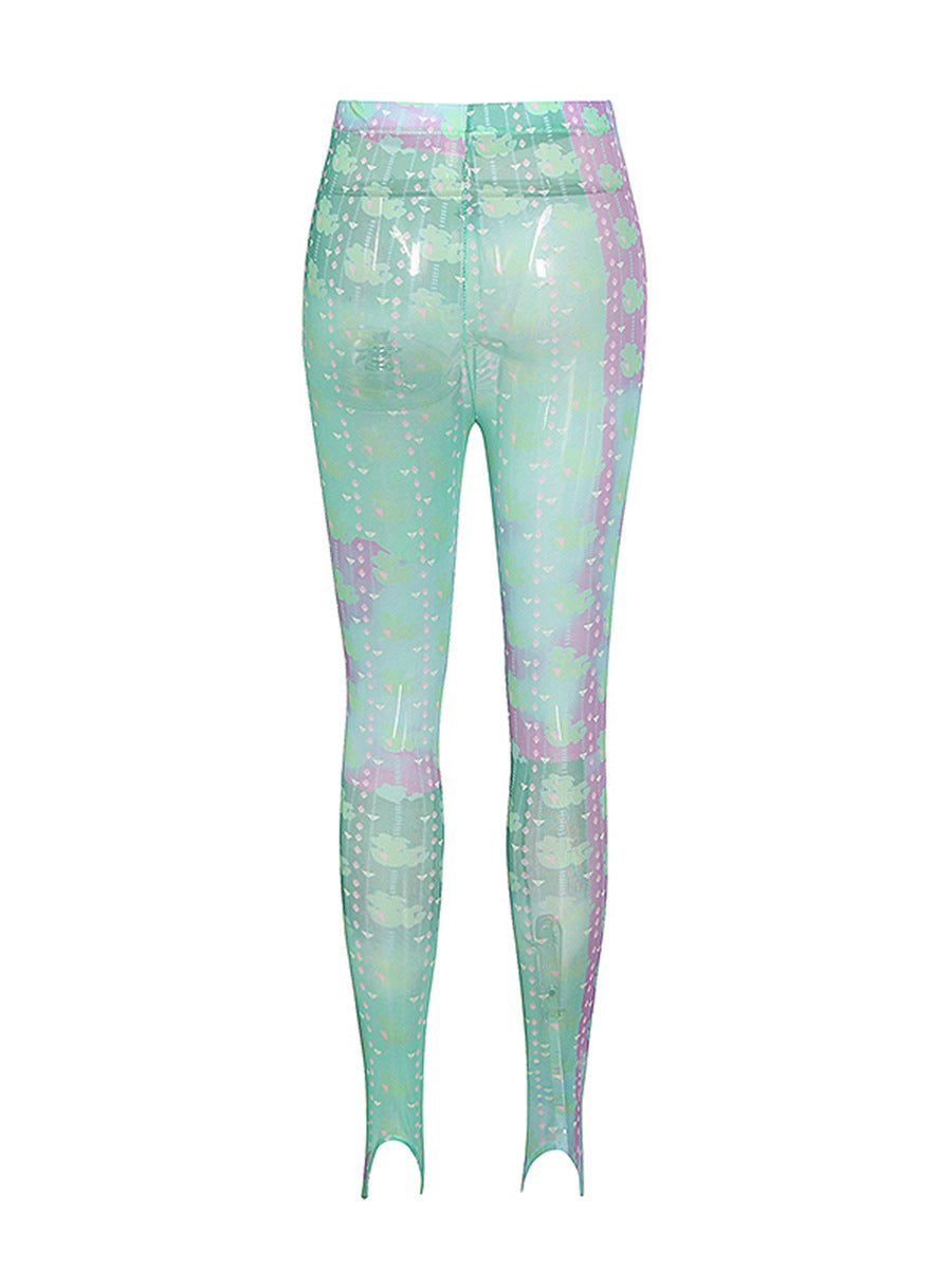 European and American personalized trendy tight pants 2026 spring new abstract pattern elastic mesh stirrup leggings women