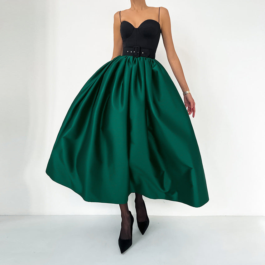 2026 spring cross-border wholesale atmosphere solid color satin large swing skirt female sweet loose temperament A- line skirt
