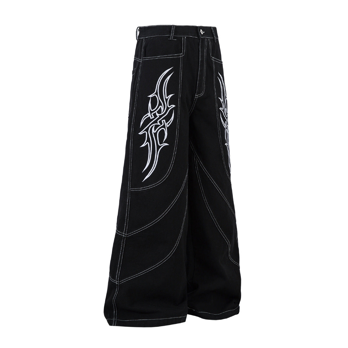 Shop 2026 High Street RO Style Flame Embroidery Jeans at USAve Merchandise. Loose wide-leg washed pants. Free shipping over $50!